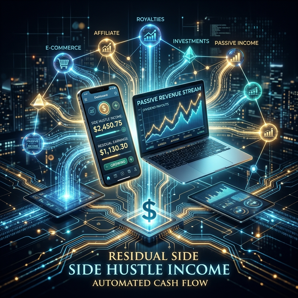 A modern abstract conceptual image of financial success and side hustles, glowing gold coins and glowing interconnected data lines, dark blue background, premium look, 8k. No people.